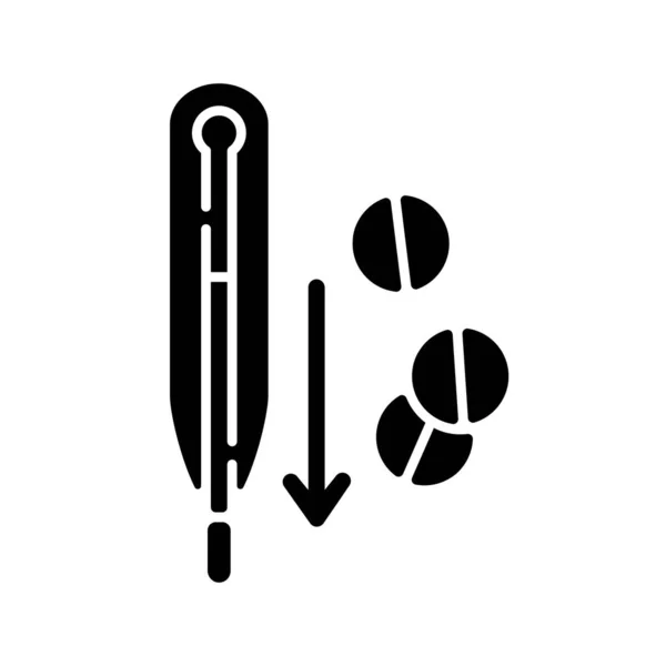 发热还原器药丸黑色象形文字 用于治疗流感的药物 温度的补救办法 流感患者的药物治疗 白色空间上的轮廓符号 矢量孤立的说明 — 图库矢量图片