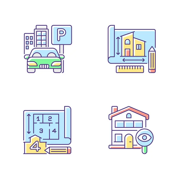 Conjunto Iconos Color Rgb Estructura Casa Residencial Estacionamiento Plan Ingeniería — Vector de stock