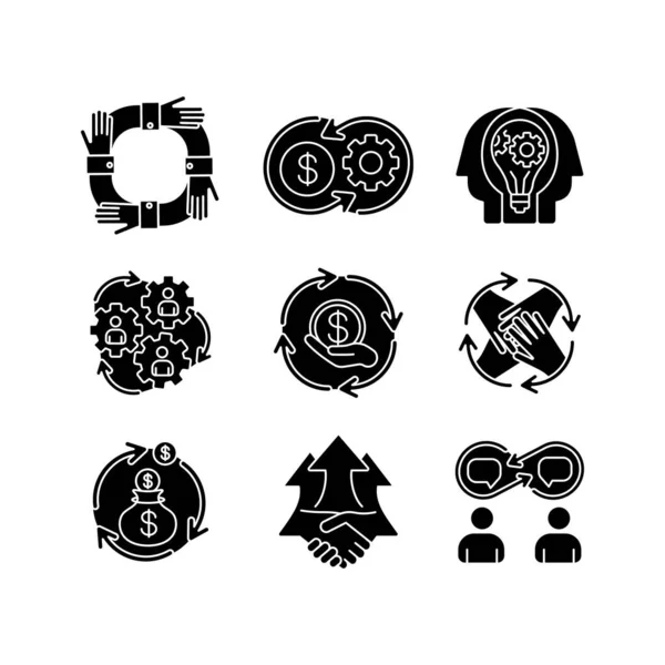 Business Black Glyph Icons Set White Space Financial Synergy Community — Stock Vector