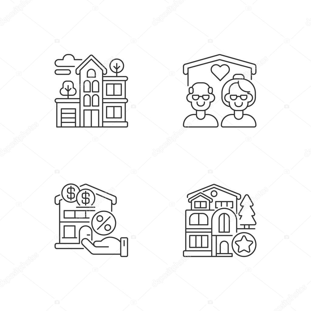 Building types pixel perfect linear icons set. Residential property. New house. Nursing home for seniors. Customizable thin line contour symbols. Isolated vector outline illustrations. Editable stroke