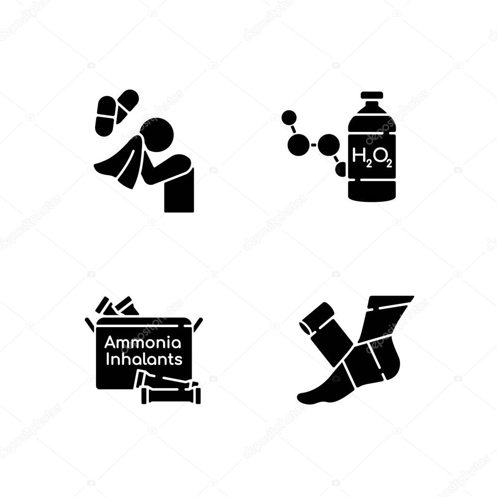 Emergency medication black glyph icons set on white space. Antihistamine medication. Hydrogen peroxide. Ammonia inhalant. Elastic bandage for leg. Silhouette symbols. Vector isolated illustration