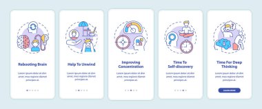 Zamanım mobil uygulama sayfası ekranında kavramlarla geçiyor. Beyin yeniden başlatılıyor. 5 adımlık grafiksel talimatları rahatlatmaya yardım et. RGB renk resimleriyle UI vektör şablonu