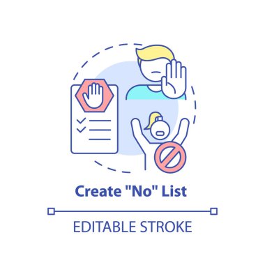 Liste konsepti simgesi oluşturma. Kişisel bakım listesi. Yaşam için sağlıklı bir kısıtlama. Her gün kısıtlamalar ince çizgiler çiziyor. Vektör izole edilmiş RGB renk çizimi. Düzenlenebilir vuruş