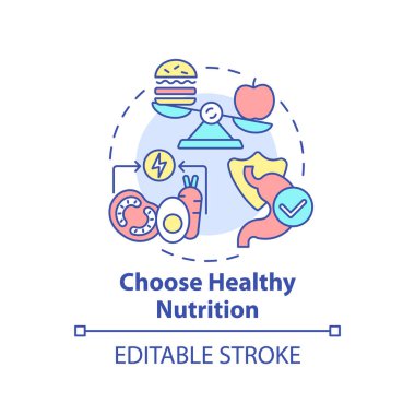 Sağlıklı beslenme konsepti simgesi seçin. Kişisel bakım listesi. Lezzetli organik yiyecekler. Yeme planı ince çizgi çizimi. Vektör izole edilmiş RGB renk çizimi. Düzenlenebilir vuruş