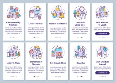 Kişisel bakım mobil uygulama sayfası ekranında konseptler ayarlandı. Müzik dinle. Meditasyon yürüyüşü üzerinde çalış. 10 adım grafik talimatlar. RGB renk resimleriyle UI vektör şablonu