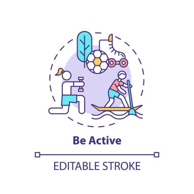 Aktif konsept simgesi ol. Kişisel bakım uygulamaları. Her gün sağlık hizmetleri faaliyetleri. Spor hayatı geliştirme fikri ince çizgi çizimi. Vektör izole edilmiş RGB renk çizimi. Düzenlenebilir vuruş