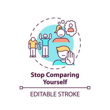 Kendini konsept ikonu olarak kıyaslamayı bırak. Vücut pozitifliği ipuçları. Ne olursa olsun kendini sevmek. Eşsiz insanlar ince çizgiler çizerler. Vektör izole edilmiş RGB renk çizimi. Düzenlenebilir vuruş