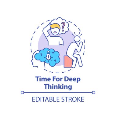 Derin düşünme konsepti ikonu zamanı. Zaman avantajlarım var. İçeriden düşünceler analiz ediliyor. Zihinsel sağlık güncelleme fikri ince çizgi çizimi. Vektör izole edilmiş RGB renk çizimi. Düzenlenebilir vuruş