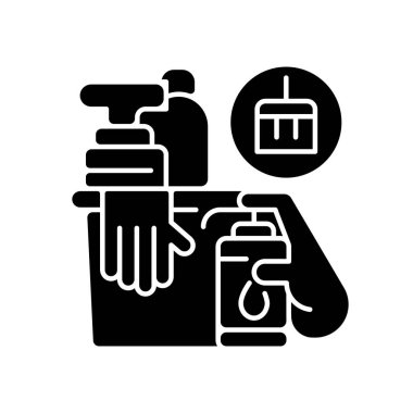 Hijyen ürünleri ve hizmetleri siyah kabartma simgesi. Temizlik, sağlık ve ilaç. Temizleniyor. Bulaşıcı mikroplar çıkarılıyor. Beyaz uzayda siluet sembolü. Vektör izole illüstrasyonu