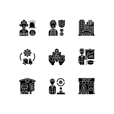 Kilit hizmetler siyah kabartma simgeleri beyaz alana ayarlandı. İtfaiyecilik. Kamu güvenliği. Banka mı? Gerekli işçiler. Çevre hizmetleri. Eğitimciler. Siluet sembolleri. Vektör izole illüstrasyonu