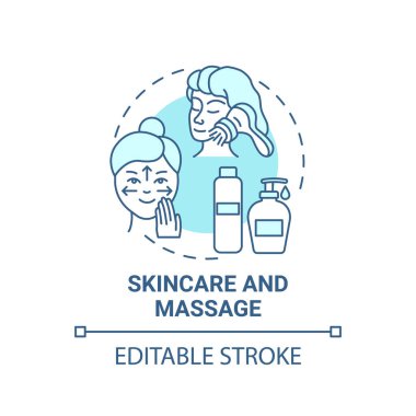 Cilt bakımı ve masaj konsepti. Kişisel bakım uygulamaları. Modern güzellik salonu terapileri. Spa prosedürleri ince çizgi çizimi fikri. Vektör izole edilmiş RGB renk çizimi. Düzenlenebilir vuruş