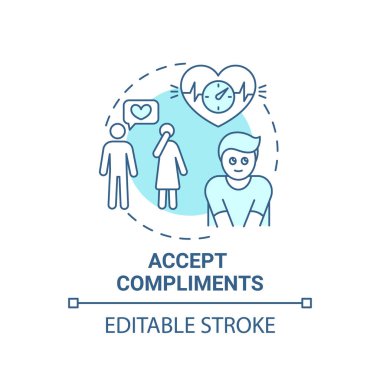 İltifat ikonunu kabul et. Vücut pozitifliği ipuçları. Güzel sözler duyuyorsun. Mutlu günlük aktiviteler ince çizgi çizimi fikri. Vektör izole edilmiş RGB renk çizimi. Düzenlenebilir vuruş