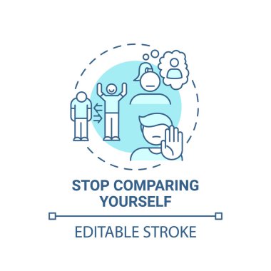 Kendini konsept ikonu olarak kıyaslamayı bırak. Vücut pozitifliği ipuçları. Her gün kendini seviyorsun. Eşsiz insanlar ince çizgili resimlere benzerler. Vektör izole edilmiş RGB renk çizimi. Düzenlenebilir vuruş