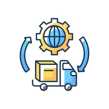 Ulaşım ve lojistik RGB renk simgesi. Kamyon. Depo ve depo. Malzeme ve ürün dağıtımı. Envanter kontrolü. Teslimat hızı. Satın alma. İzole vektör illüstrasyonu