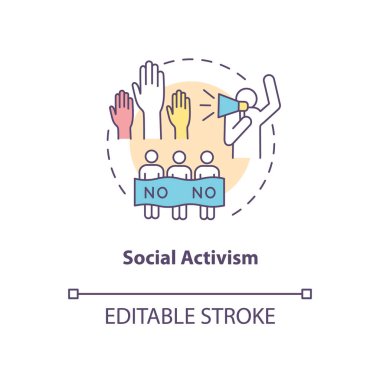 Sosyal aktivizm konsepti ikonu. Sosyal değişim fikri ince çizgi çizimi. Eylemci. İtiraz ediyorum. Toplumdaki değişimler için savaşmak. Vektör izole edilmiş RGB renk çizimi. Düzenlenebilir vuruş