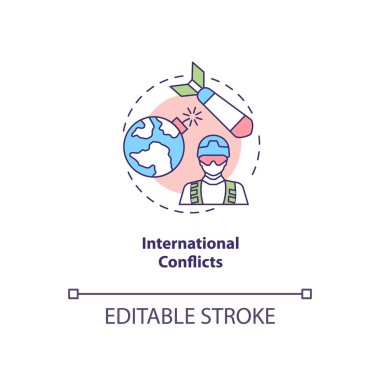 Uluslararası çatışma konsepti ikonu. Küreselleşme eğilimini tersine çevirme fikri ince çizgi çizimi. Dış ilişkiler. Savaşlar. Silahlı çatışmalar. Vektör izole edilmiş RGB renk çizimi. Düzenlenebilir vuruş