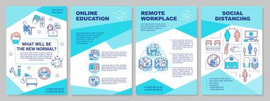 Yeni normal broşür. Online eğitim. Mesafe. Broşür, broşür, broşür baskısı, doğrusal simgelerle kaplama tasarımı. Dergiler için vektör planları, yıllık raporlar, reklam posterleri