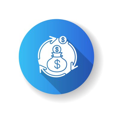 Gelir sinerjisi mavi düz tasarım uzun gölge simgesi. Muhasebe süreci. Gelir akışı. İş yatırımı. Finansal operasyondan kazanç. Siluet RGB renk çizimi