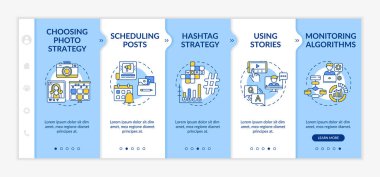 Gemideki vektör şablonunda nanoetkili öneriler oluşmaya başladı. Fotoğraf stratejisi seçiyorum. Hikayeleri kullanarak. Simgeli ilgili mobil web sitesi. Web sayfası basamak ekranları. RGB renk kavramı