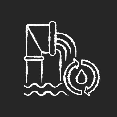 Su ve atık su siyah arkaplanda beyaz tebeşir ikonu. Halk sağlığını korumak. Kanalizasyon sistemi. Ekosistem. Su kalitesi. Güvenlik. Kirletici maddeler çıkarılıyor. İzole edilmiş vektör karatahta çizimi