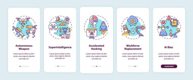 Mobil uygulama sayfasında konseptli yapay zeka tehditleri. Özerk gelecek ordu silahları 5 adımlık grafik talimatları inceliyor. RGB renk resimleriyle UI vektör şablonu