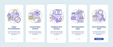 Eğitimde yapay zeka mobil uygulama sayfası ekranında kavramlarla birlikte. Gelecekteki teknolojilerin aşırı kişiselleştirilmesi 5 aşamalı grafik talimatlar içeriyor. RGB renk resimleriyle UI vektör şablonu