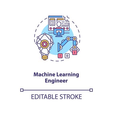 Makine Öğrenme Mühendisliği konsepti simgesi. İş bulmanın gelecekteki yolu. Popüler teknoloji işyerleri. Yapay Zeka 'da kariyer ince çizgi çizimi. Vektör izole edilmiş RGB renk çizimi. Düzenlenebilir vuruş