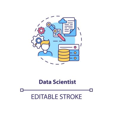Veri bilimci konsept simgesi. Bir sürü bilgi kontrol ediliyor. Büyük miktarda veri analizi yapılıyor. Yapay Zeka 'da kariyer ince çizgi çizimi. Vektör izole edilmiş RGB renk çizimi. Düzenlenebilir vuruş