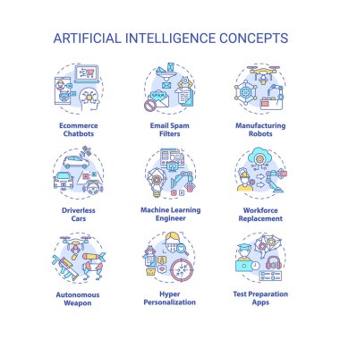 Yapay zeka konsept simgeleri ayarlandı. Ticari sohbet robotları. Sürücüsüz arabalar. Geleceğin teknolojileri ince çizgi RGB renk çizimleri tasarlıyor. Vektör izole çizimler. Düzenlenebilir vuruş