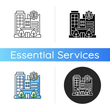 Bankalar ve finans kurumları ikonu. İş operasyonları. Bankacılık kurumları. Yatırım şirketleri. Komisyon şirketleri. Lineer siyah ve RGB renk stilleri. İzole vektör çizimleri