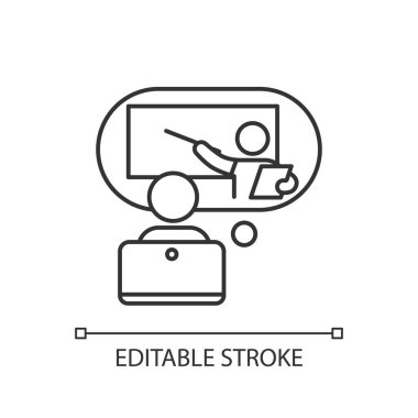 Çevrimiçi öğretmen doğrusal simgesi. E-öğrenme platformu. Çevrimiçi dersler. Giyin. Ev ödevleri yardımcı olur. İnce çizgi özelleştirilebilir illüstrasyon. Contour sembolü. Vektör izole çizim. Düzenlenebilir vuruş