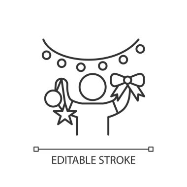 Tatil dekoratörü doğrusal simgesi. Noel dekoru. Işık yükleyicileri. Tatil için güzel bir ev. İnce çizgi özelleştirilebilir illüstrasyon. Contour sembolü. Vektör izole çizim. Düzenlenebilir vuruş
