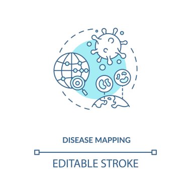 Hastalık haritalama konsepti simgesi. Dijital hastalık izleme cihazı. Akıllı teknolojiler. Yapay zeka uygulaması fikri ince çizgi çizimi. Vektör izole edilmiş RGB renk çizimi. Düzenlenebilir vuruş