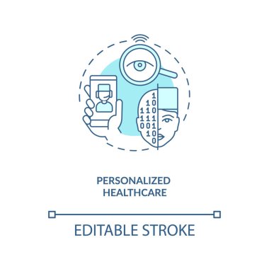 Kişisel sağlık hizmeti konsepti ikonu. Gelecekteki dijital tıbbi sistem. Akıllı hastane teknolojileri. Yapay zeka uygulaması fikri ince çizgi çizimi. Vektör izole edilmiş RGB renk çizimi. Düzenlenebilir vuruş