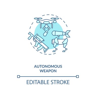 Özerk silah konsepti ikonu. Gelecekteki güçlü teknolojiler. Yaşam cihazları için tehlikeli. Yapay zeka tehditleri ince çizgiler çiziyor. Vektör izole edilmiş RGB renk çizimi. Düzenlenebilir vuruş