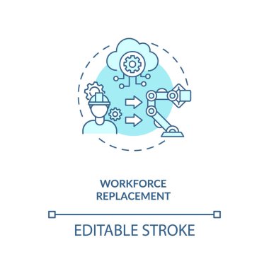 İşgücü değişim konsepti simgesi. İnsanlar için çalışma yeri yok. Para artırıcı teknolojiler. Yapay zeka tehditleri ince çizgiler çiziyor. Vektör izole edilmiş RGB renk çizimi. Düzenlenebilir vuruş