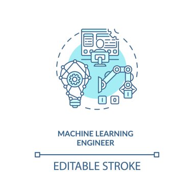 Makine Öğrenme Mühendisliği konsepti simgesi. İş bulmanın gelecekteki yolu. Popüler teknoloji kadroları. Yapay Zeka 'da kariyer ince çizgi çizimi. Vektör izole edilmiş RGB renk çizimi. Düzenlenebilir vuruş