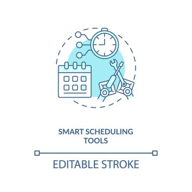 Akıllı zamanlama araçları konsept simgesi. Geleceğin planlama sistemleri. Haftanı düzenliyorum. Eğitimde yapay zeka ince çizgi çizimi. Vektör izole edilmiş RGB renk çizimi. Düzenlenebilir vuruş