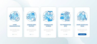 Eğitimde yapay zeka mobil uygulama sayfası ekranında kavramlarla birlikte. Açık kaynaklı içerik taraması 5 aşamalı grafik talimatlar. RGB renk resimleriyle UI vektör şablonu