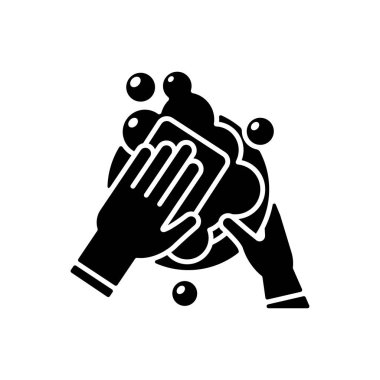 Bulaşık yıkama simgesi. Temizlik ve sterilizasyon sağlanıyor. Bulaşıkları ve aletleri yıkıyorum. Mutfak işleri. Restoranda iş. Beyaz uzayda siluet sembolü. Vektör izole illüstrasyonu