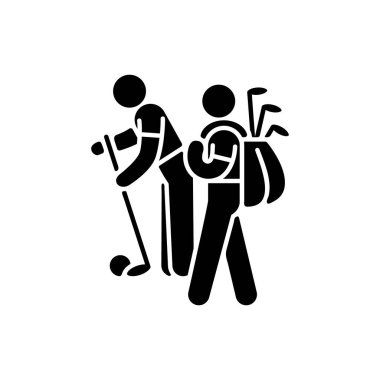 Cadillac siyah sembol. Profesyonel golfçülere destek sağlıyorum. Taşıyıcı ustası. Arkadaşlık sağlıyorum. Oyuncuların çantasını taşımak. Beyaz uzayda siluet sembolü. Vektör izole illüstrasyonu