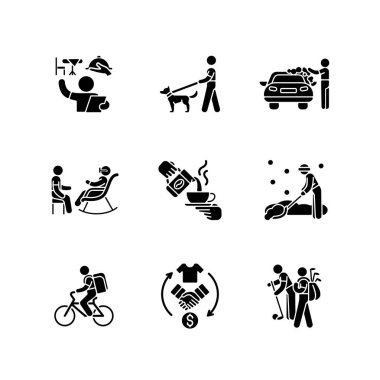 Beyaz alana siyah simgeler yerleştirilmiş istihdam olanakları. Restoran sahibi ve ev sahibesi. Köpek gezdirici. Araba yıkayıcı. Yaşlı bir sosyalist. Kahveci. Siluet sembolleri. Vektör izole illüstrasyonu