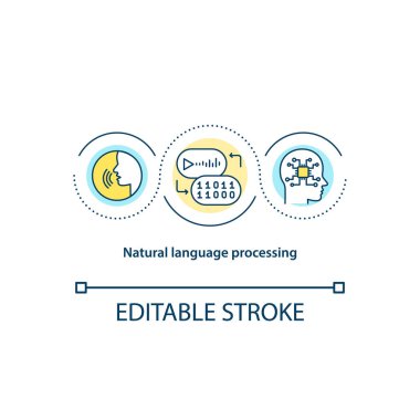 Doğal dil işleme konsepti ikonu. İnsandan bilgisayara etkileşim. Yapay zeka fikri ince çizgi çizimi. Vektör izole edilmiş RGB renk çizimi. Düzenlenebilir vuruş