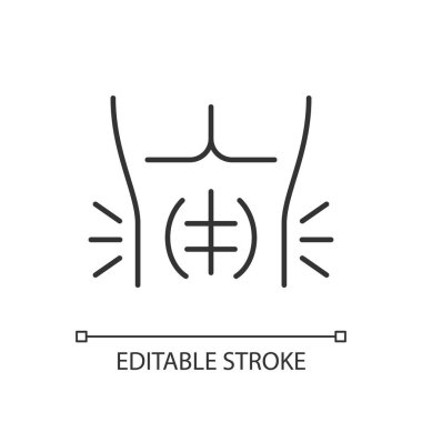 Abdominal kas gerginliği doğrusal simgesi. Tamamen kopmuş. Hafif esneme. Güçlendirici egzersizler. İnce çizgi özelleştirilebilir illüstrasyon. Contour sembolü. Vektör izole çizim. Düzenlenebilir vuruş