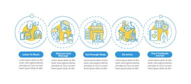 Kişisel bakım vektör bilgi şablonu üzerinde çalışır. Minnettarlık günlüğü tasarım unsurlarını başlat. Veri görselleştirmesi 5 adımda. Zaman çizelgesi. Doğrusal simgelerle çalışma akışı düzeni