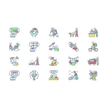 Gençlerin çalışma deneyimi RGB renk simgeleri ayarlandı. Kahveci. Golf sopası. Kamp danışmanı. Araba yıkama makinesi. Köpek gezdirici. Bulaşıkçı. Market poşetçisi. Restoran sahibi. Özel öğretmen. Çim biçme makinesi. İzole vektör çizimleri