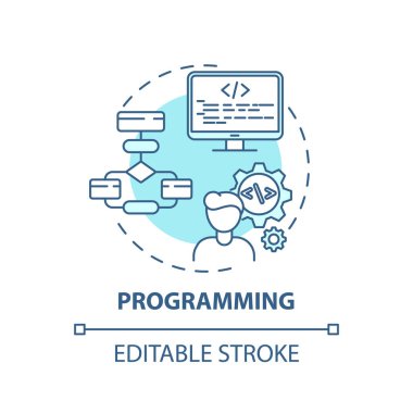 Programlama konsepti simgesi. Yaratıcı düşünürler için bilişim alanında kariyer. Yazılım geliştirme işi. Yenilikçi uygulamalar yaratma fikri ince çizgi çizimi. Vektör izole edilmiş RGB renk çizimi. Düzenlenebilir vuruş
