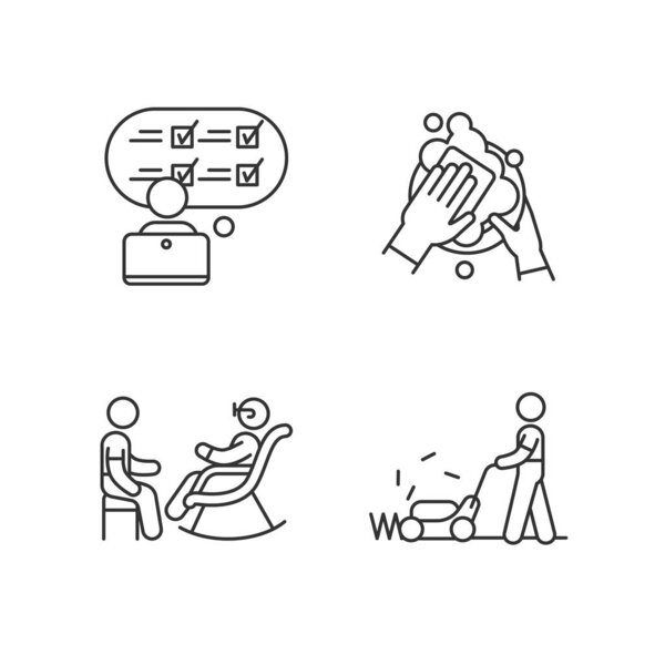 First-time jobs linear icons set. Online survey participant. Dishwasher. Lawn mower. Nursing home. Customizable thin line contour symbols. Isolated vector outline illustrations. Editable stroke