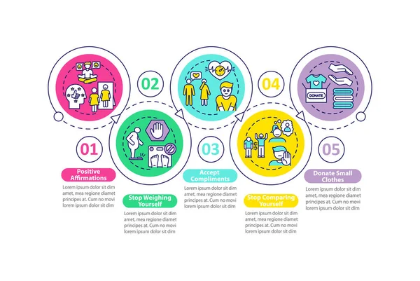 Vücut pozitifliği vektör bilgi şablonunu yönlendirir. Kendini sunum tasarım elemanlarıyla kıyaslamayı bırak. Veri görselleştirmesi 5 adımda. Zaman çizelgesi. Doğrusal simgelerle çalışma akışı düzeni
