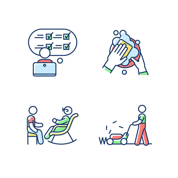 RGB color icons set. First-time jobs Online survey participant. Dishwasher. Senior citizen socializer. Lawn mower. Questionnaire. Ensuring cleanliness. Grass cutter. Isolated vector illustrations